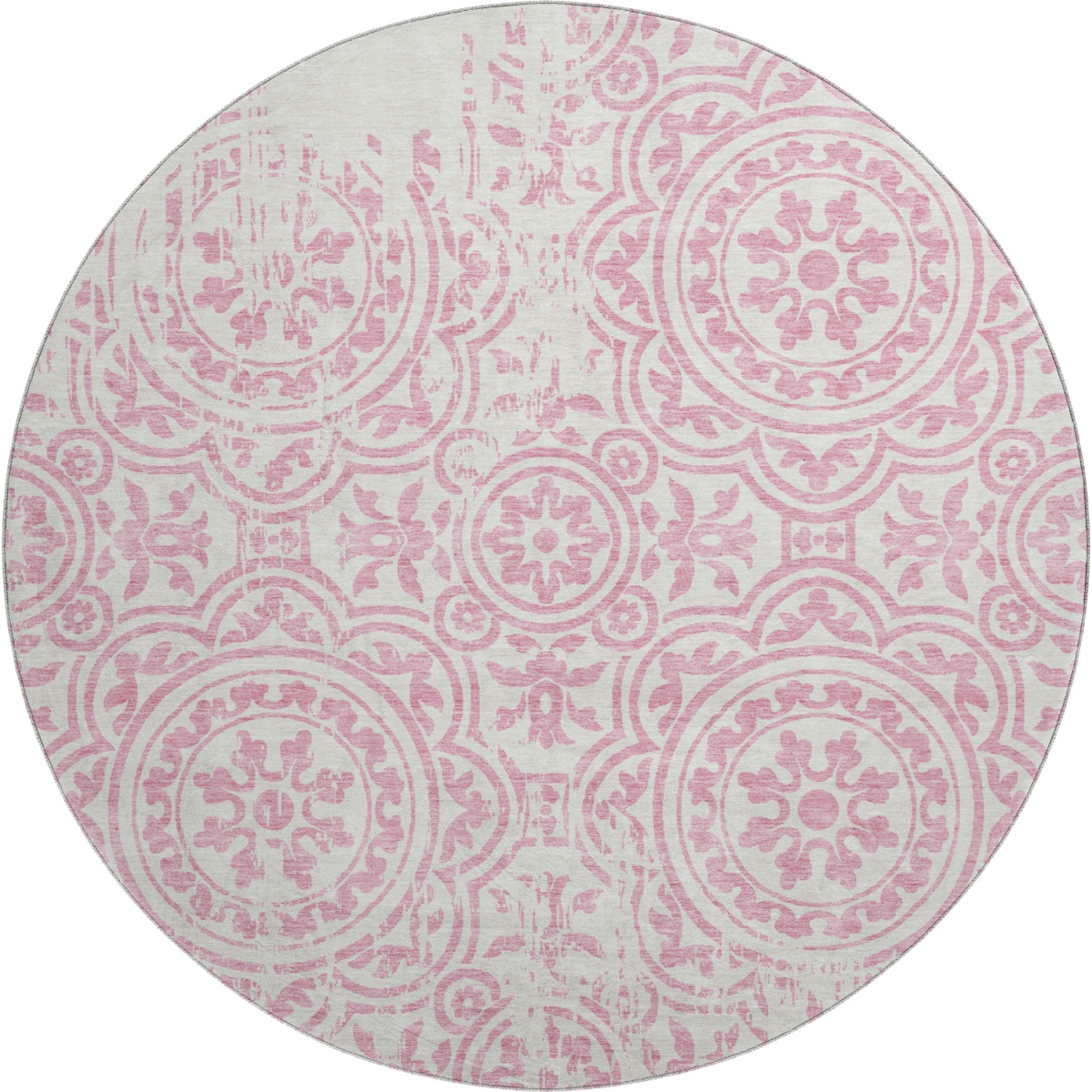 663698 8 ft. Pink & Ivory Medallion Transitional Washable Round Area Rug with UV Protection
