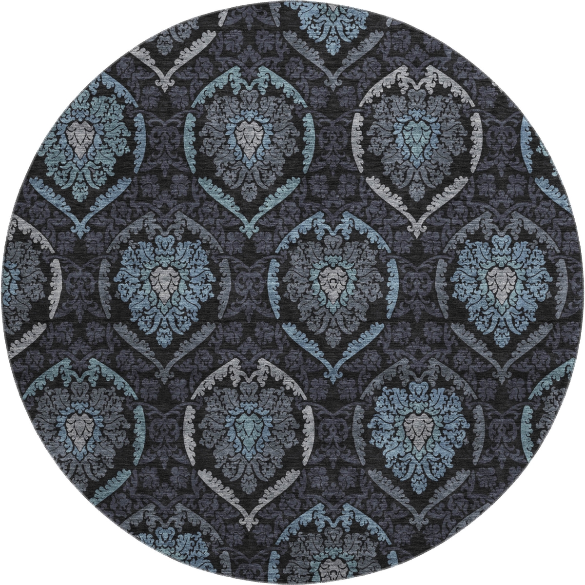 666056 8 ft. Blue & Charcoal Medallion Transitional Washable Round Area Rug with UV Protection