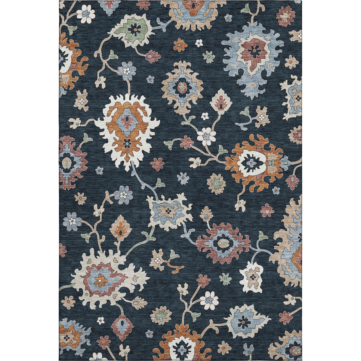 663265 5 x 8 ft. Black Blue & Ivory Floral Medallion Washable Machine Made Rectangle Area Rug with UV Protection