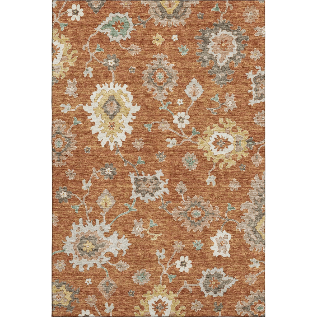 663298 9 x 12 ft. Rust Ivory & Gray Floral Medallion Washable Machine Made Rectangle Area Rug with UV Protection