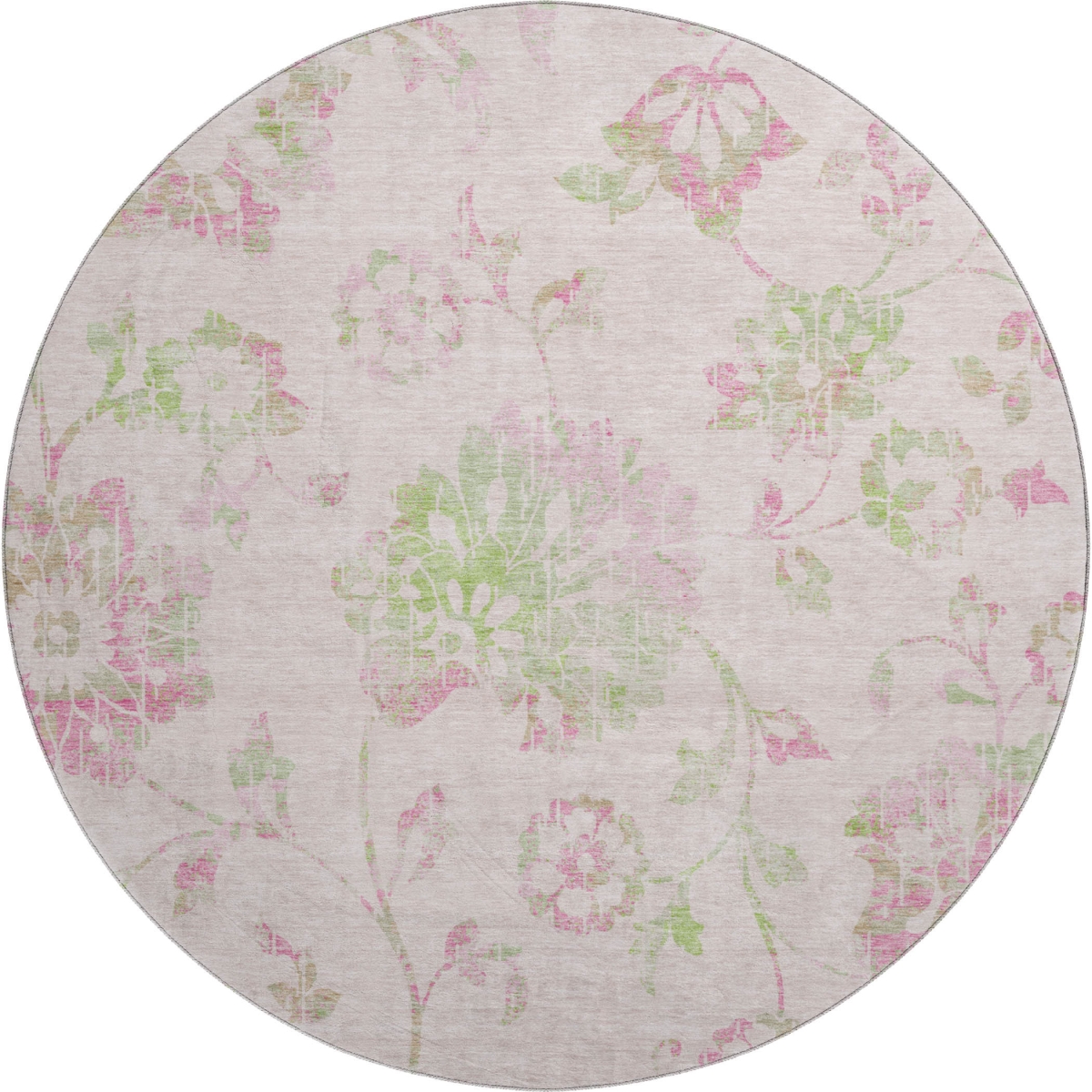 667936 8 ft. Pink & Green Floral Washable Round Area Rug with UV Protection