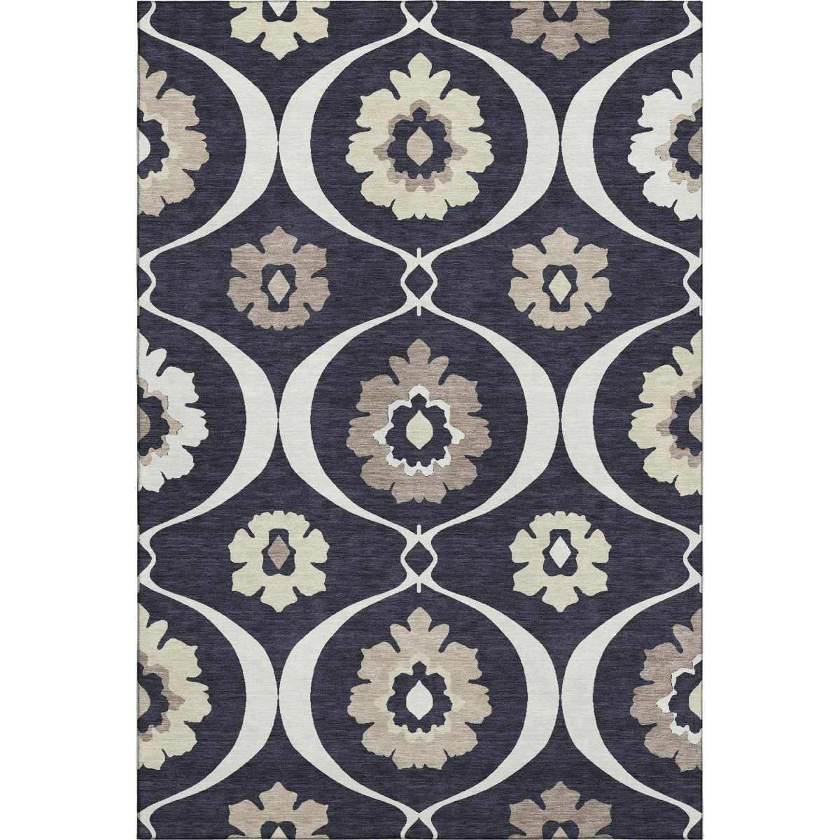 668035 10 x 14 ft. Black & Ivory Medallion Transitional Washable Machine Made Rectangle Area Rug with UV Protection