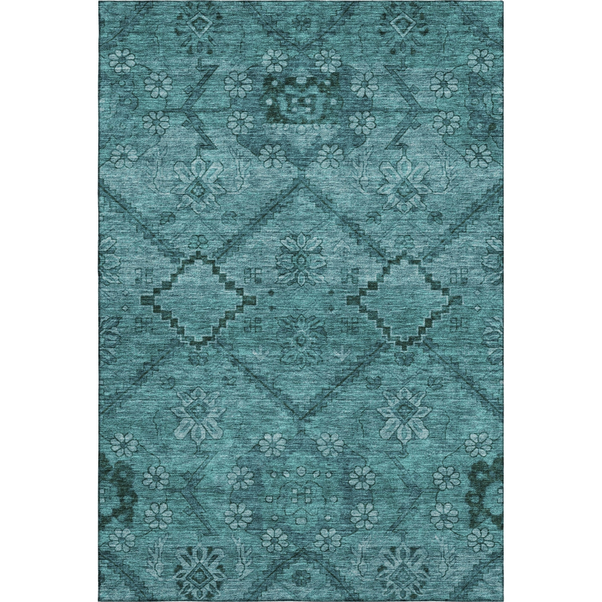 667264 10 x 14 ft. Teal & Gray Floral Transitional Washable Machine Made Rectangle Area Rug with UV Protection