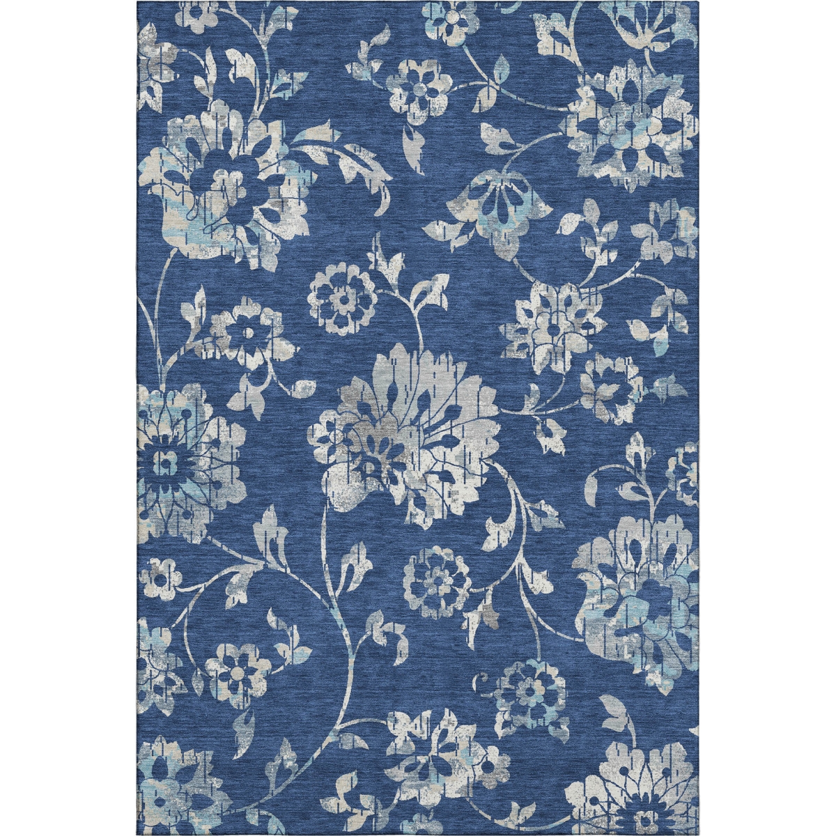 667927 10 x 14 ft. Navy Blue & Silver Floral Washable Machine Made Rectangle Area Rug with UV Protection