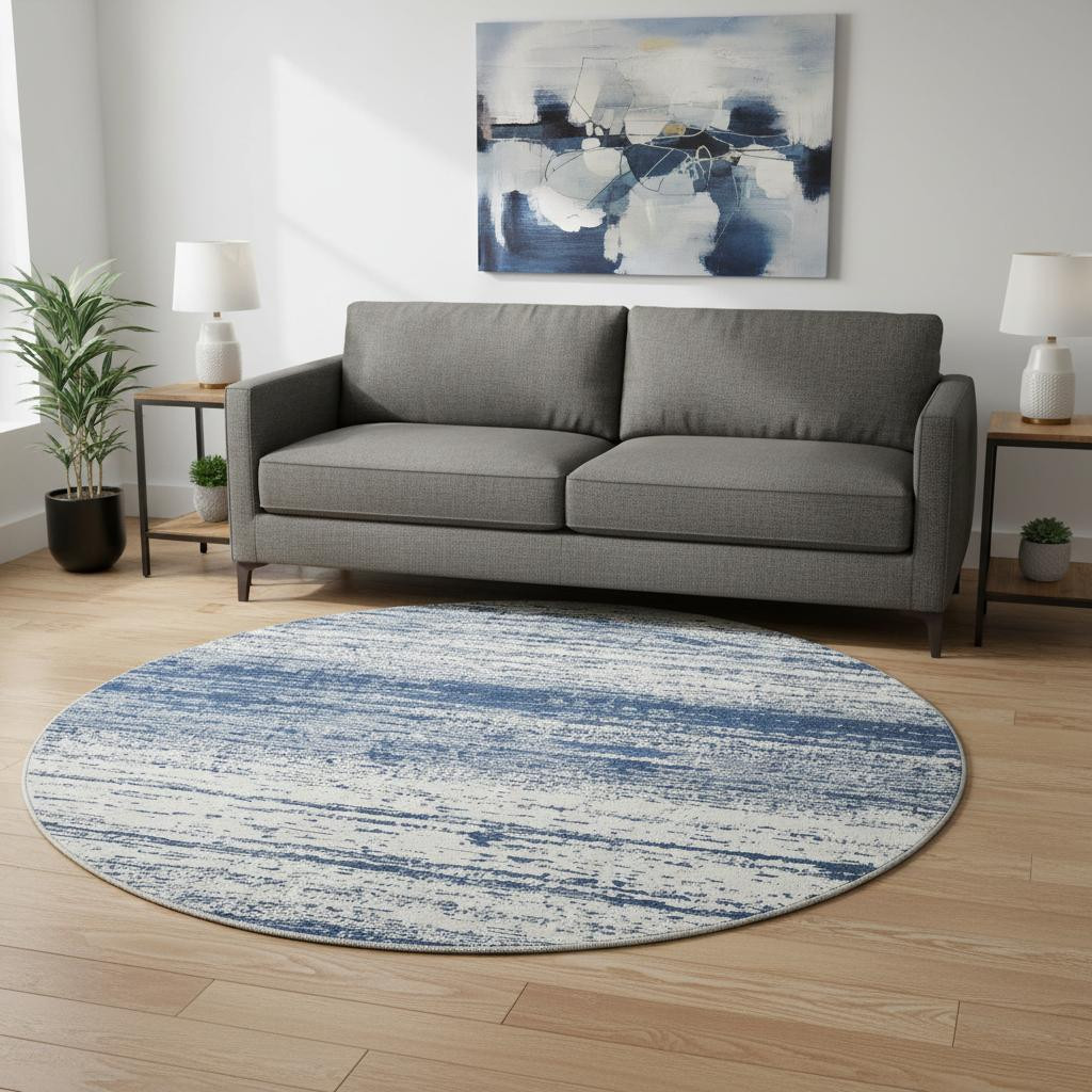 668160 8 ft. Navy Blue & Ivory Striped Transitional Washable Round Area Rug with UV Protection