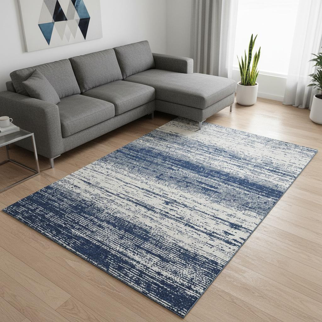 668163 10 x 14 ft. Navy Blue & Ivory Striped Transitional Washable Machine Made Rectangle Area Rug with UV Protection