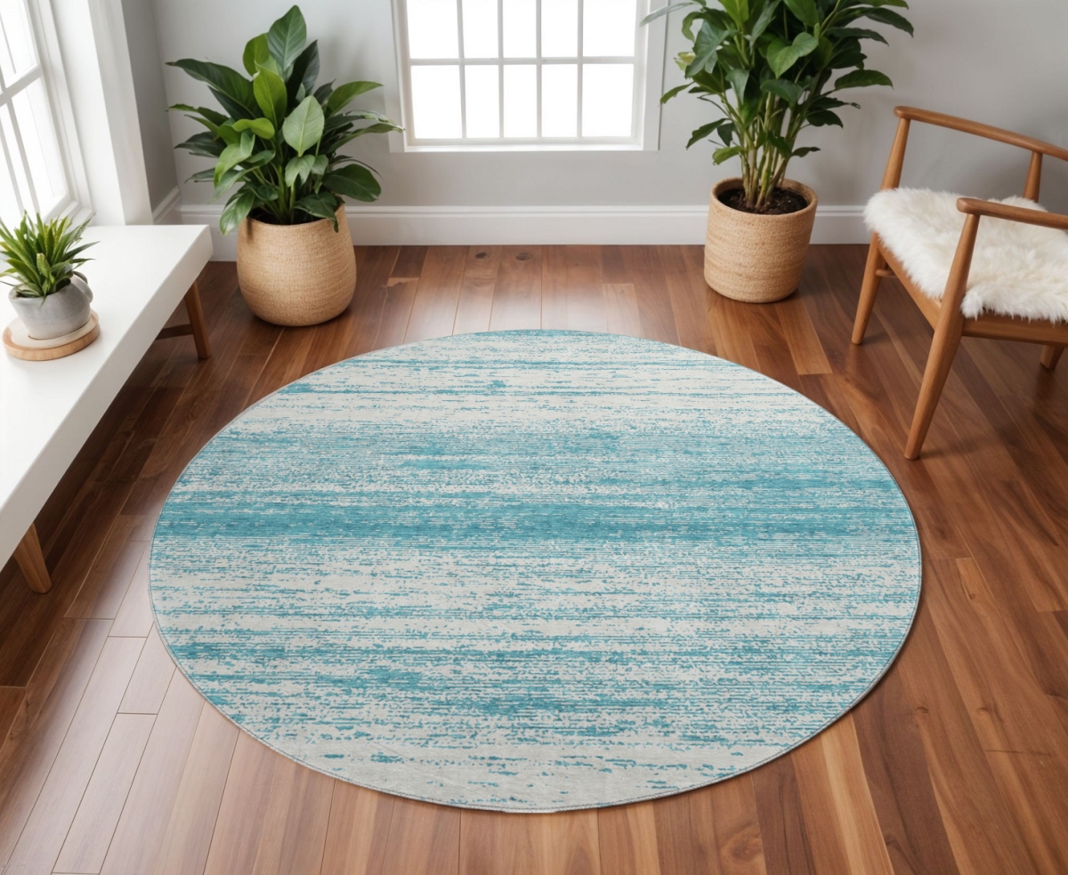 668196 8 ft. Teal & Ivory Striped Transitional Washable Round Area Rug with UV Protection