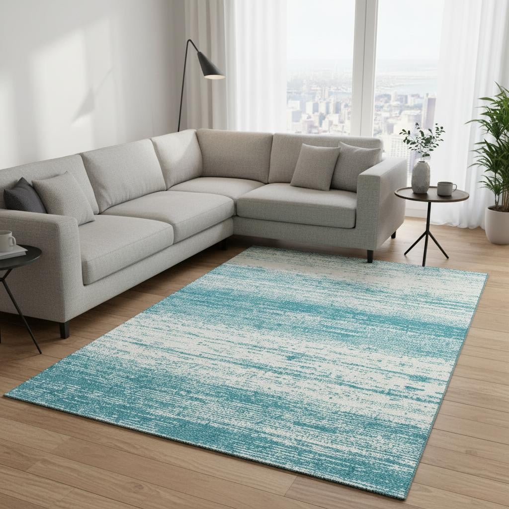 668197 8 x 10 ft. Teal & Ivory Striped Transitional Washable Machine Made Rectangle Area Rug with UV Protection