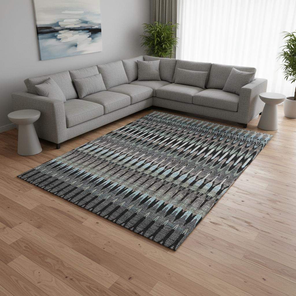 668215 8 x 10 ft. Black Gray & Blue Southwestern Washable Machine Made Rectangle Area Rug with UV Protection