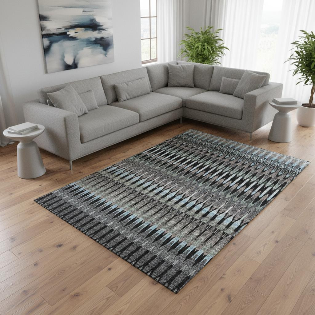 668217 10 x 14 ft. Black Gray & Blue Southwestern Washable Machine Made Rectangle Area Rug with UV Protection
