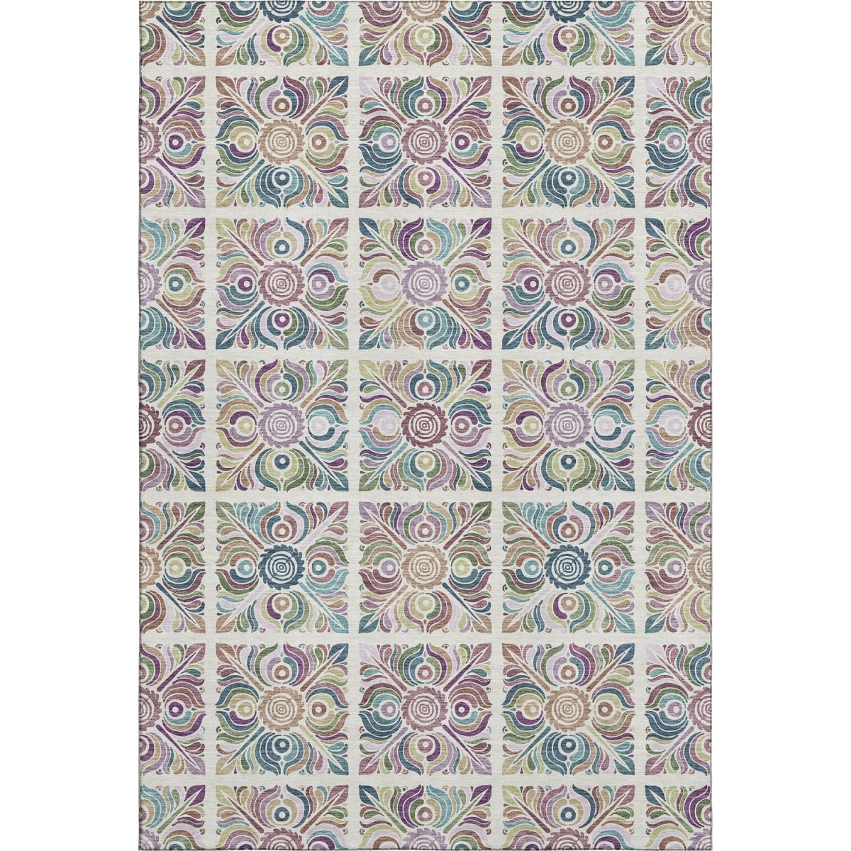 667693 5 x 8 ft. Ivory Purple & Teal Medallion Washable Machine Made Rectangle Area Rug with UV Protection