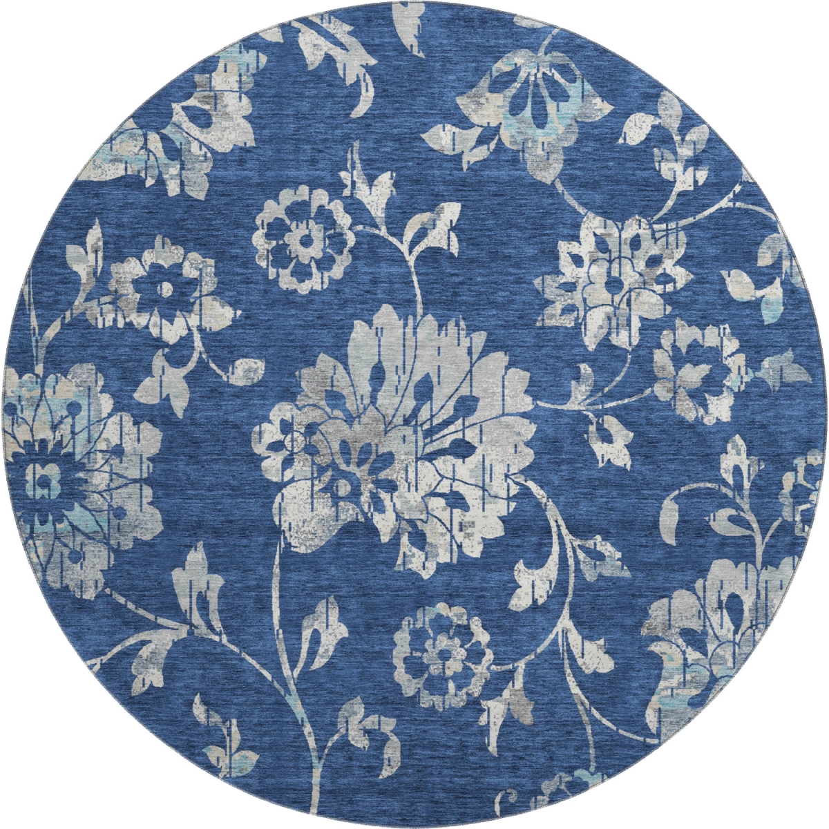 667924 8 ft. Navy Blue & Silver Floral Washable Round Area Rug with UV Protection