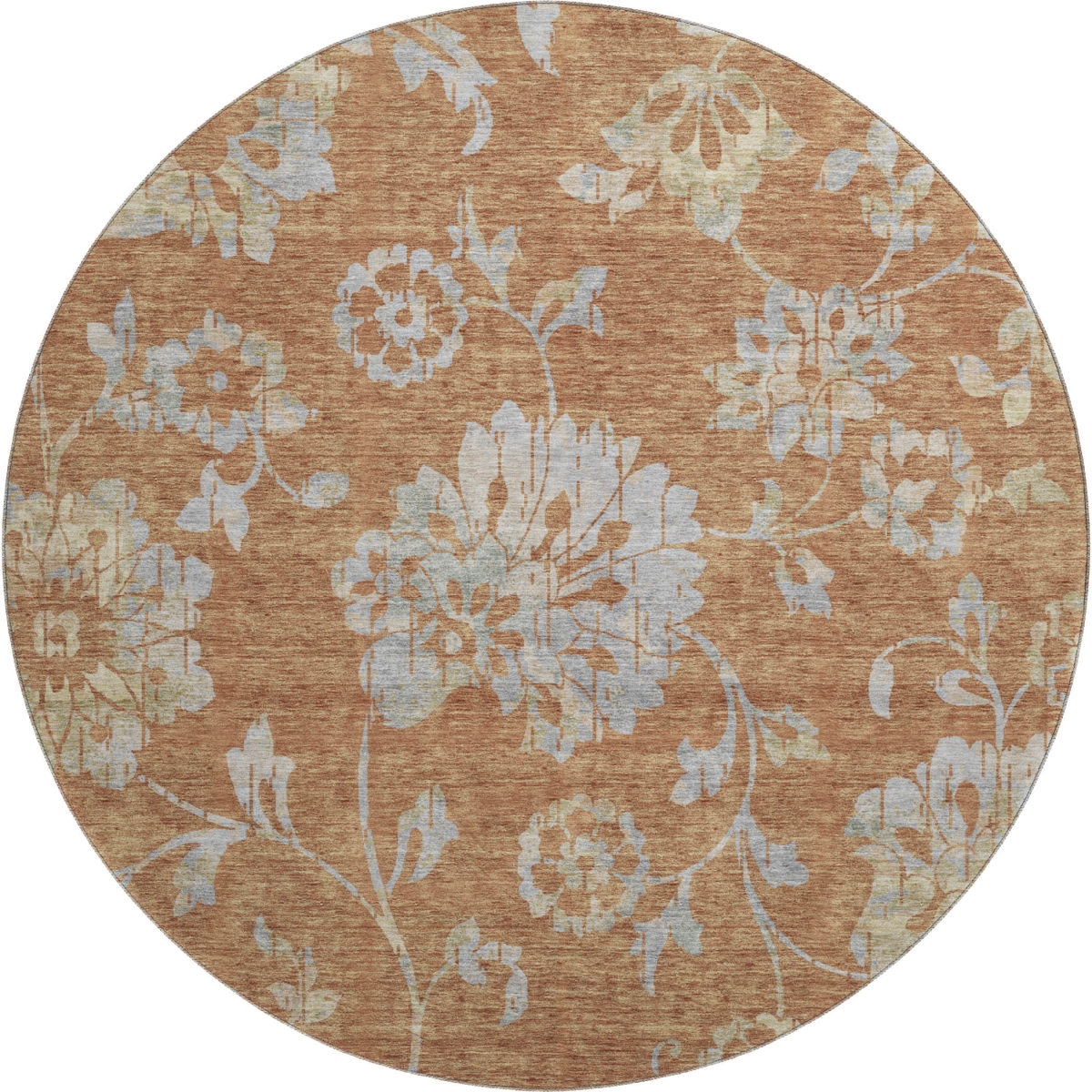 667930 8 ft. Rust & Gray Floral Transitional Washable Round Area Rug with UV Protection