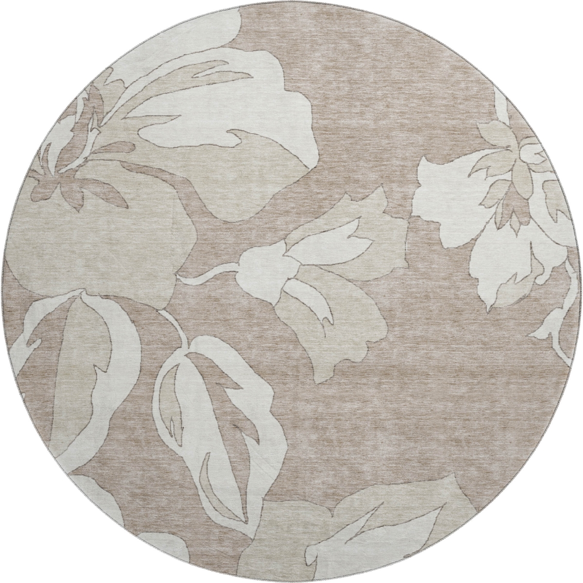 668014 8 ft. Taupe & Ivory Floral Transitional Washable Round Area Rug with UV Protection