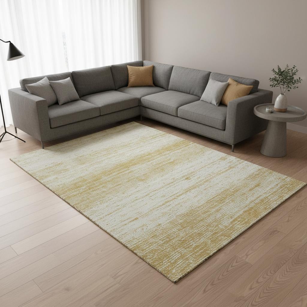 668119 10 x 14 ft. Gold & Ivory Striped Transitional Washable Machine Made Rectangle Area Rug with UV Protection