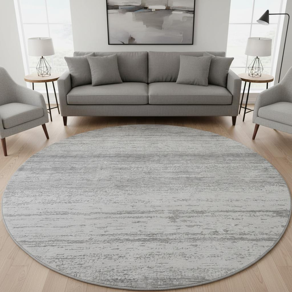 668122 8 ft. Gray & Silver Striped Transitional Washable Round Area Rug with UV Protection