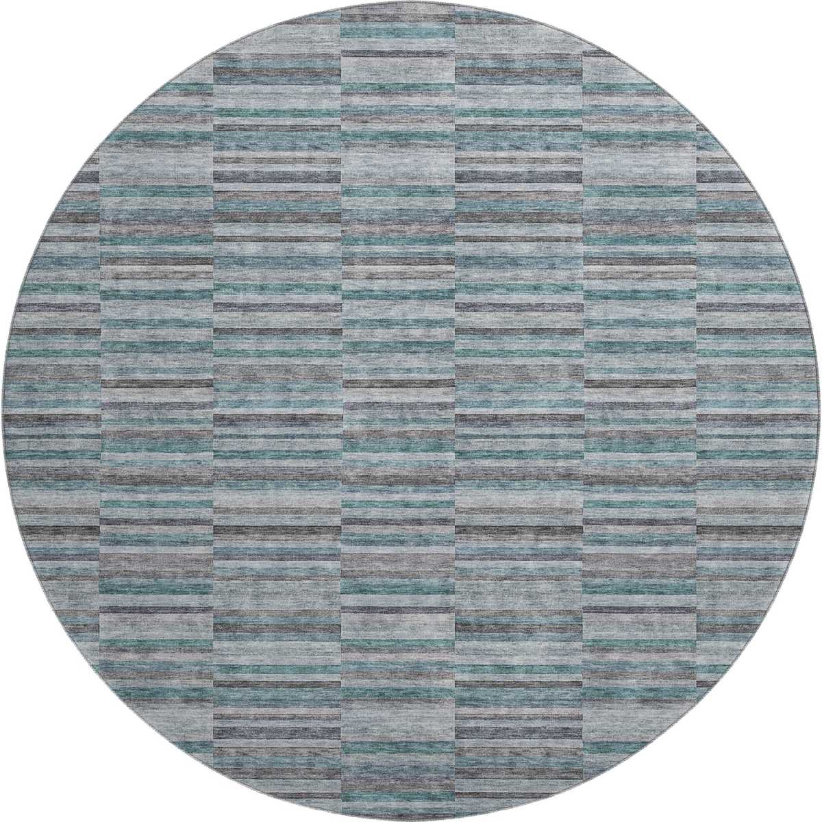 666296 8 ft. Teal & Gray Striped Transitional Washable Round Area Rug with UV Protection
