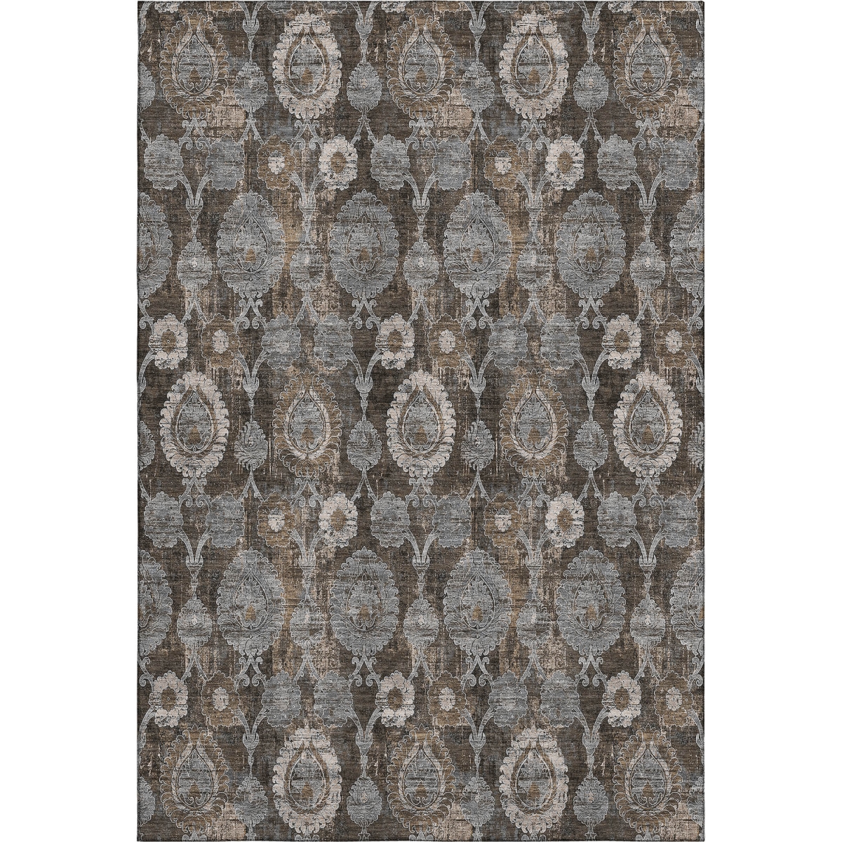 666526 5 x 8 ft. Chocolate Beige & Gray Damask Washable Machine Made Rectangle Area Rug with UV Protection