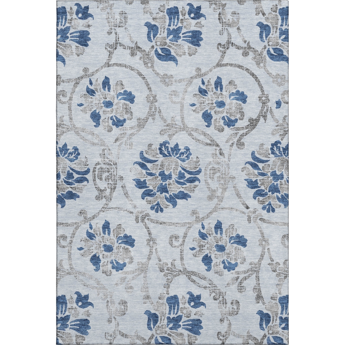 663998 5 x 8 ft. Sky Blue, Gray & Silver Floral Washable Machine Made Rectangle Area Rug with UV Protection