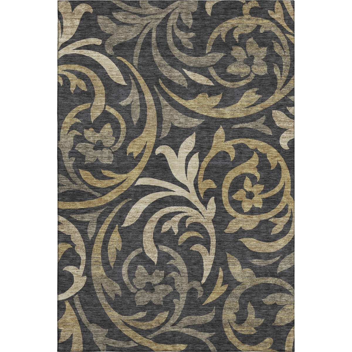 664094 5 x 8 ft. Black Gold & Beige Floral Washable Machine Made Rectangle Area Rug with UV Protection
