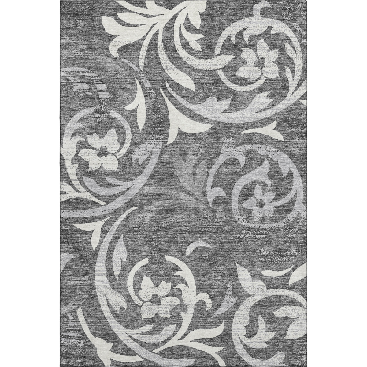 664110 10 x 14 ft. Charcoal Silver & Gray Floral Washable Machine Made Rectangle Area Rug with UV Protection