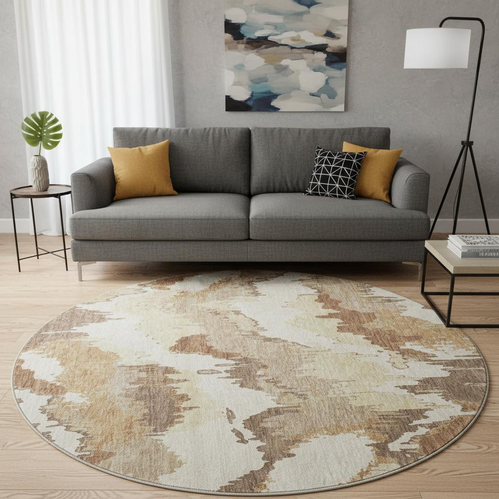 668642 8 ft. Chocolate Ivory & Beige Abstract Washable Round Area Rug with UV Protection