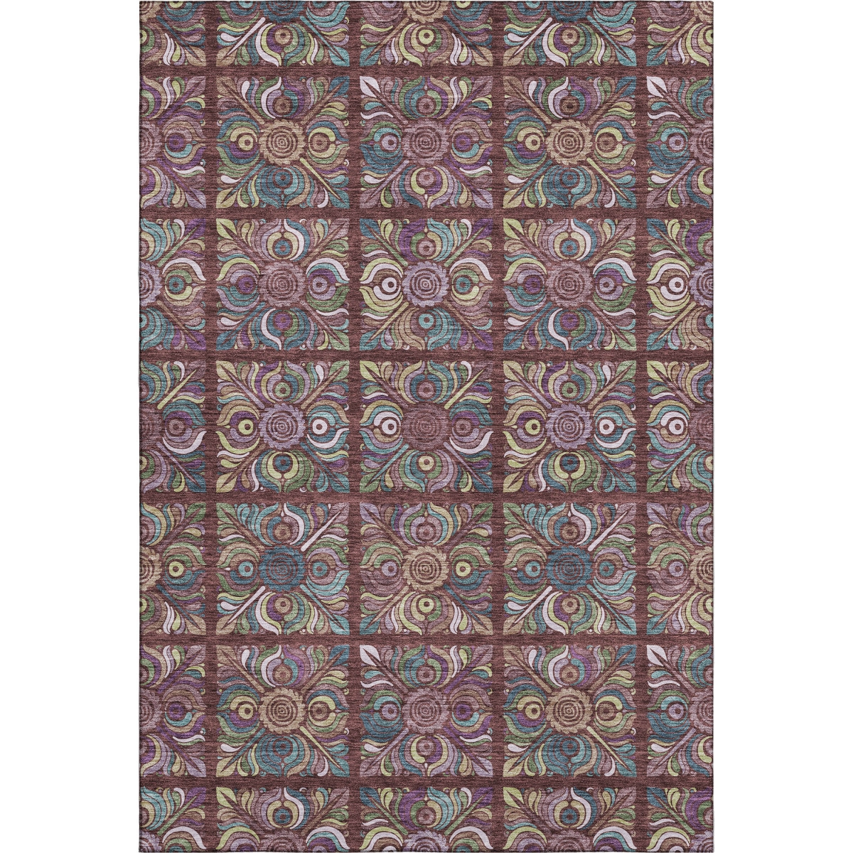 667705 5 x 8 ft. Rust Purple & Teal Medallion Washable Machine Made Rectangle Area Rug with UV Protection