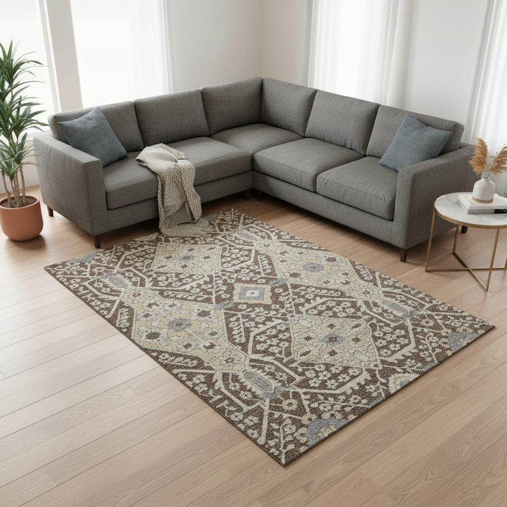 668500 9 x 12 ft. Chocolate, Gray & Beige Floral Transitional Washable Machine Made Rectangle Area Rug with UV Protection