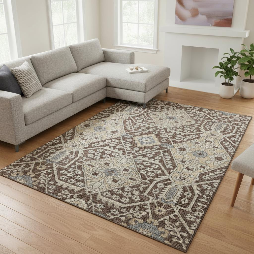 668501 10 x 14 ft. Chocolate, Gray & Beige Floral Transitional Washable Machine Made Rectangle Area Rug with UV Protection