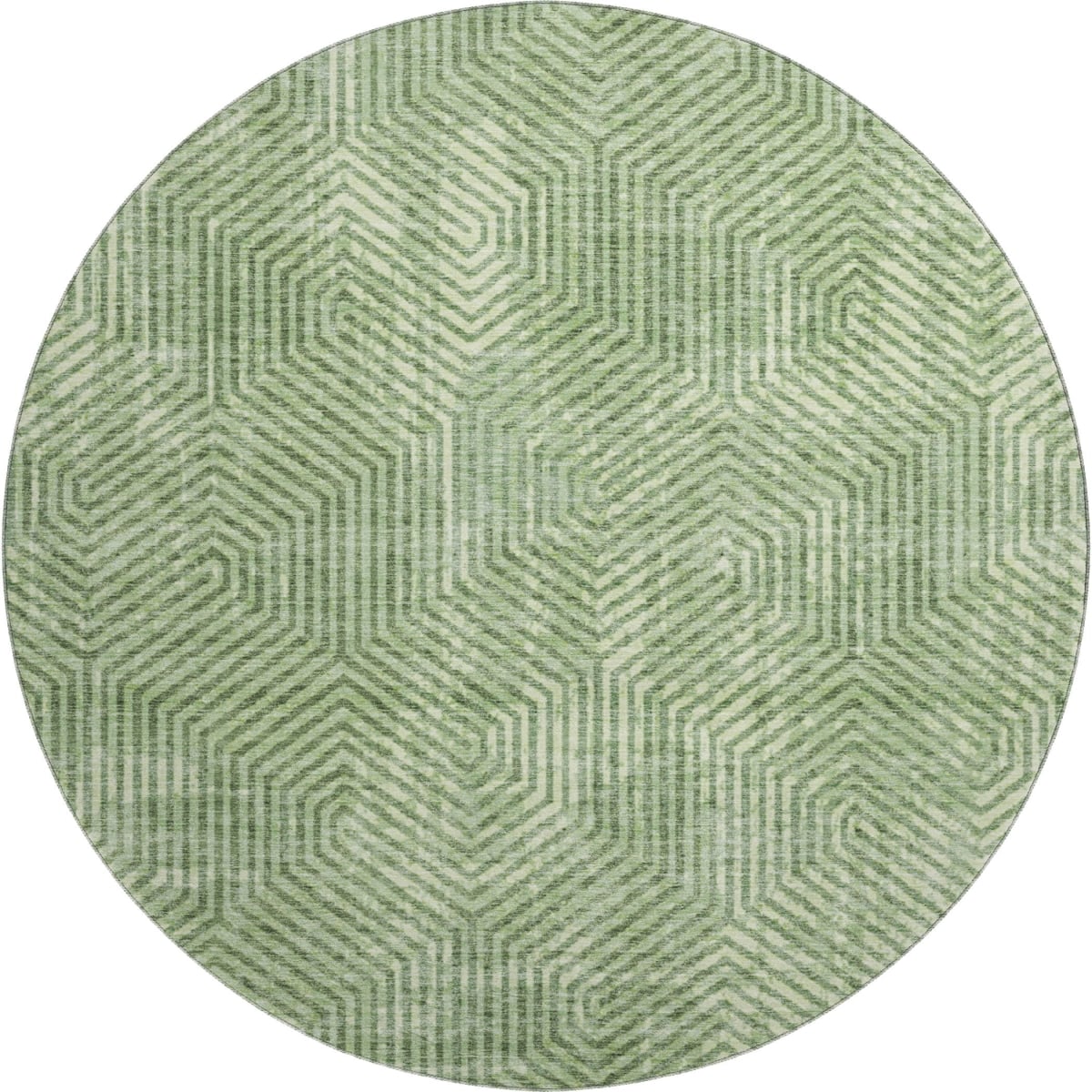 672497 8 ft. Green & Ivory Geometric Transitional Washable Round Area Rug with UV Protection
