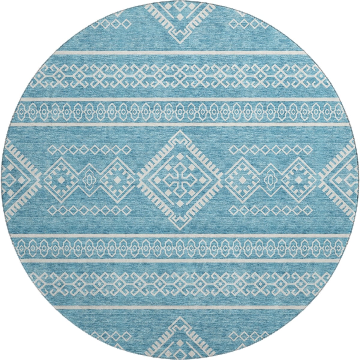 671675 8 ft. Teal & Ivory Southwestern Transitional Washable Round Area Rug with UV Protection
