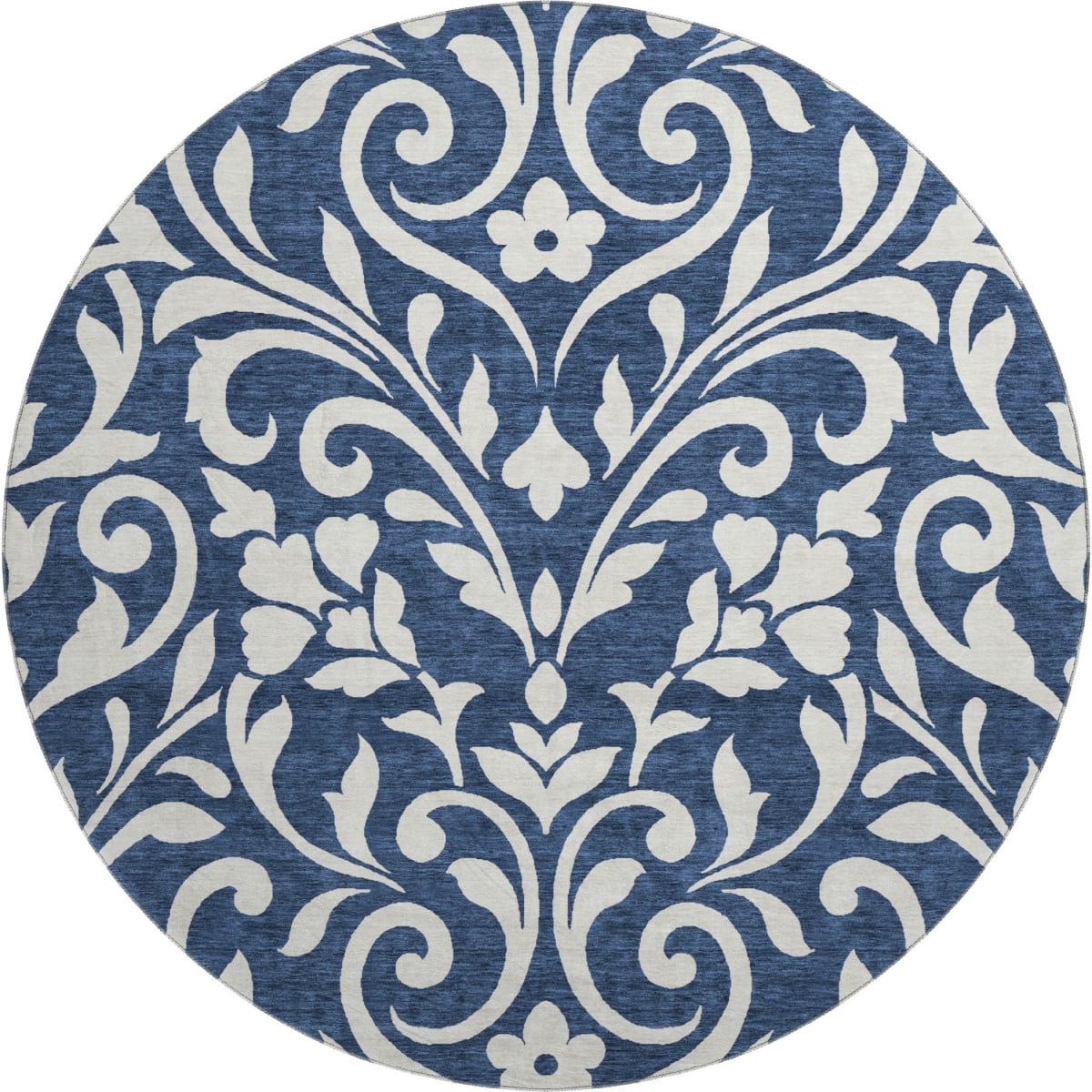 669627 8 ft. Navy Blue & Ivory Floral Transitional Washable Round Area Rug with UV Protection