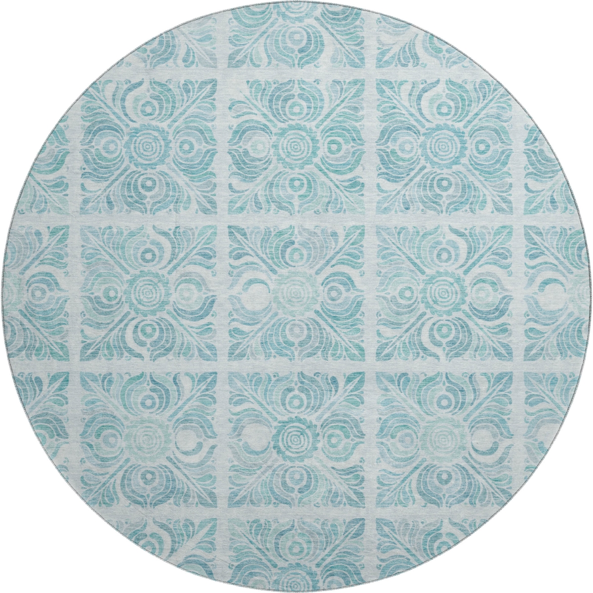 667804 8 ft. Turquoise & Ivory Medallion Transitional Washable Round Area Rug with UV Protection