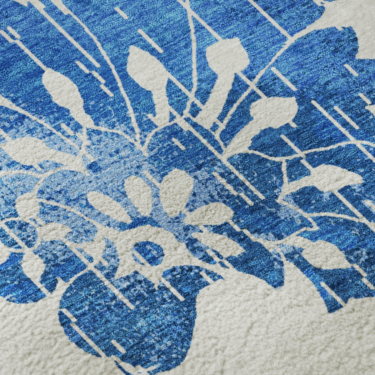 667956 9 x 12 ft. White & Blue Floral Washable Machine Made Rectangle Area Rug with UV Protection