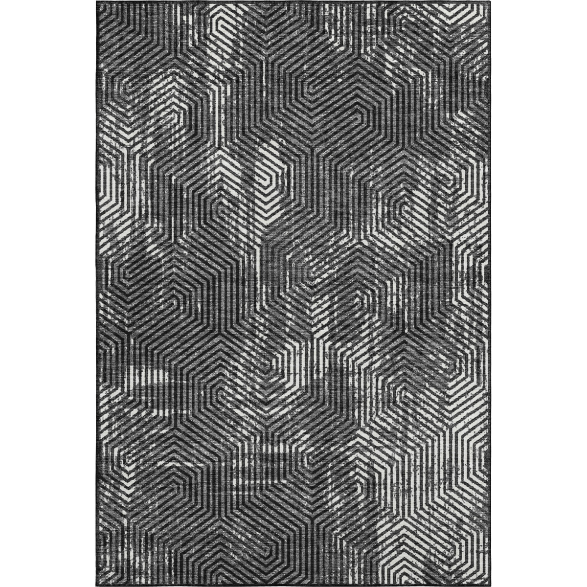 672466 5 x 8 ft. Black & Ivory Geometric Transitional Washable Machine Made Rectangle Area Rug with UV Protection