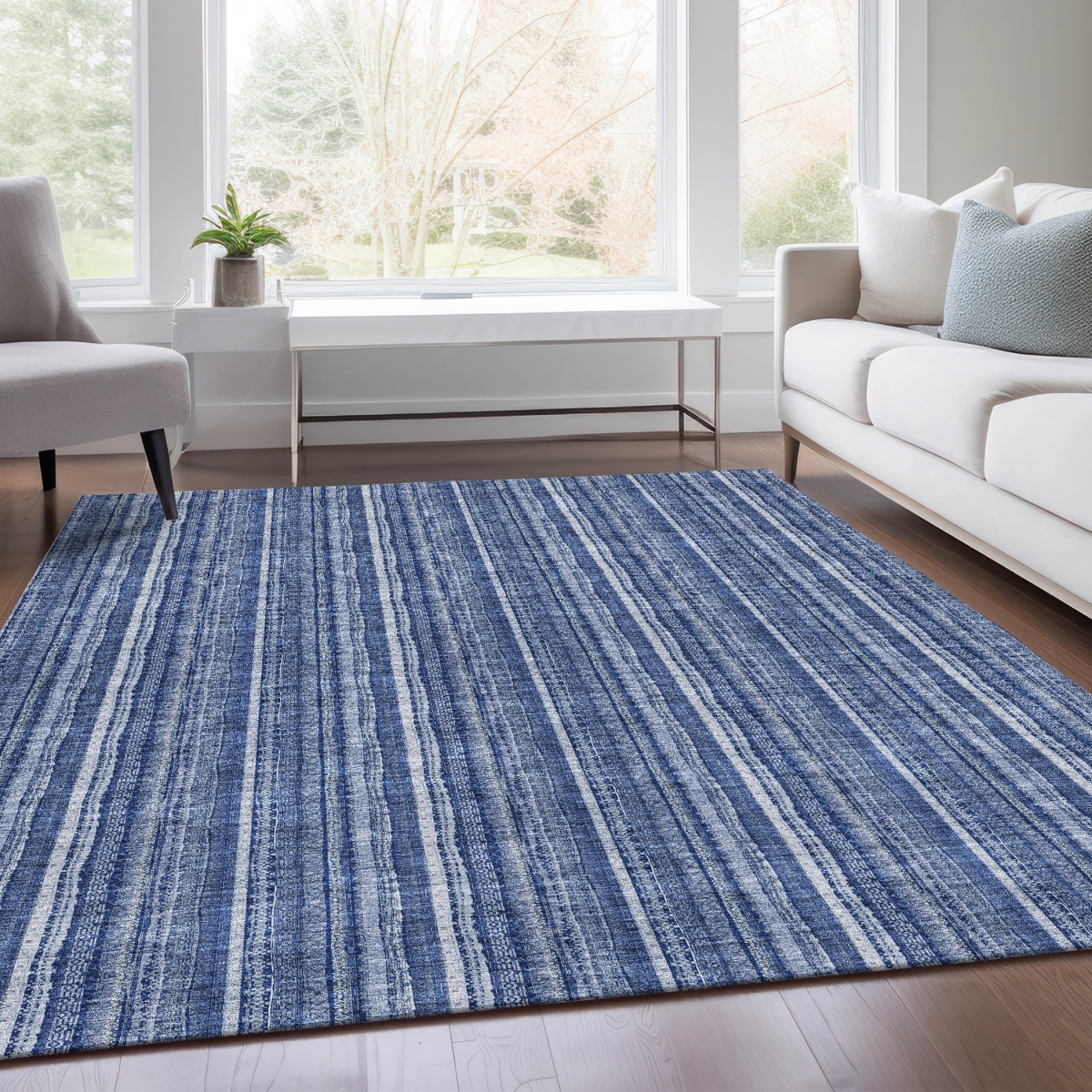 677543 10 x 14 ft. Denim Blue & Ivory Striped Washable Machine Made Rectangle Area Rug with UV Protection