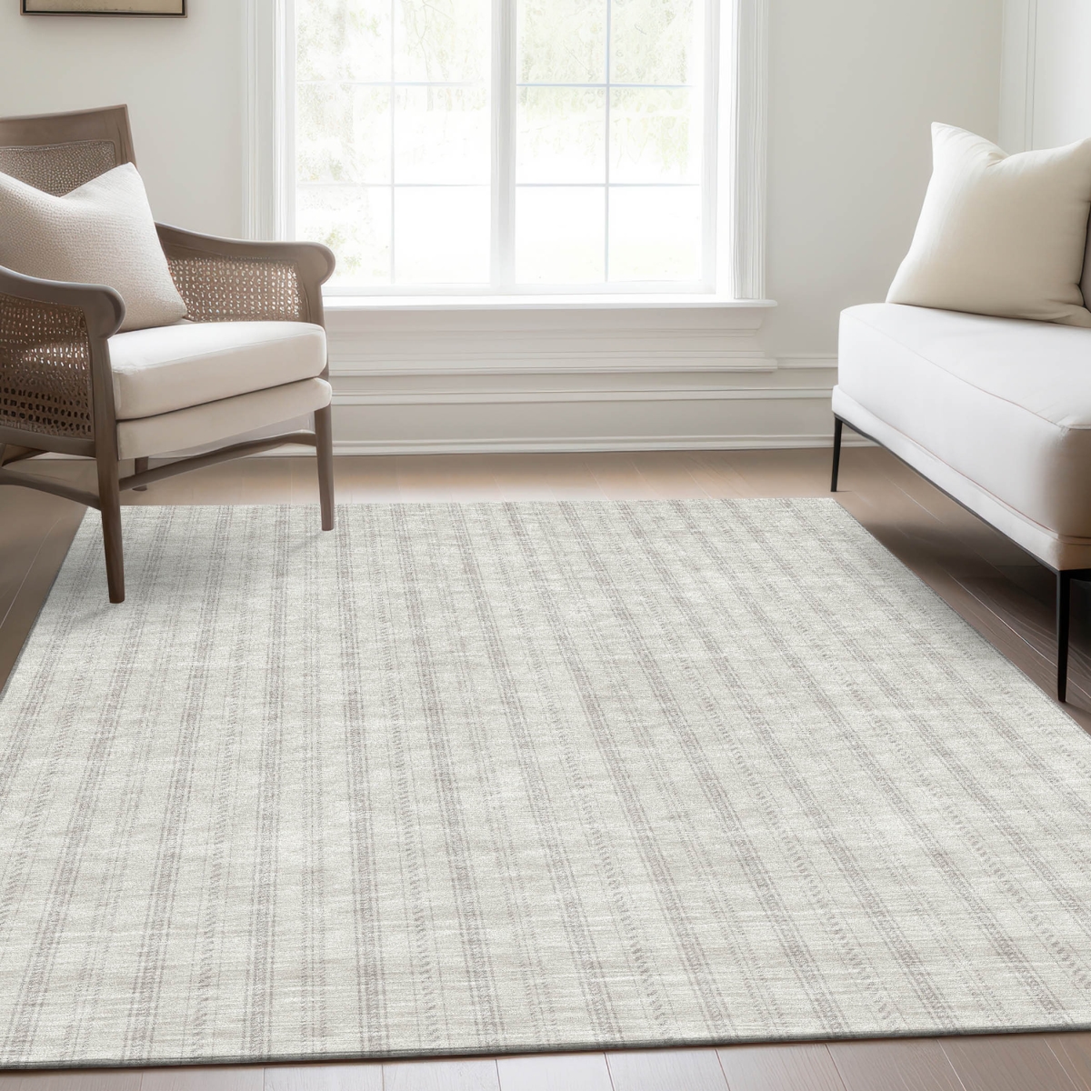 673854 9 x 12 ft. Ivory & Beige Striped Transitional Washable Machine Made Rectangle Area Rug with UV Protection