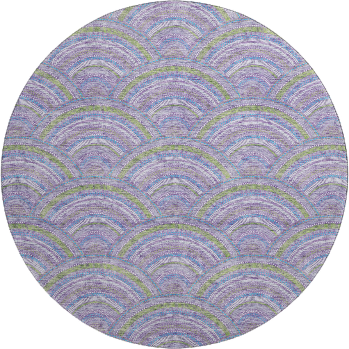 677690 8 ft. Lavender Olive Green & Ivory Geometric Transitional Washable Round Area Rug with UV Protection