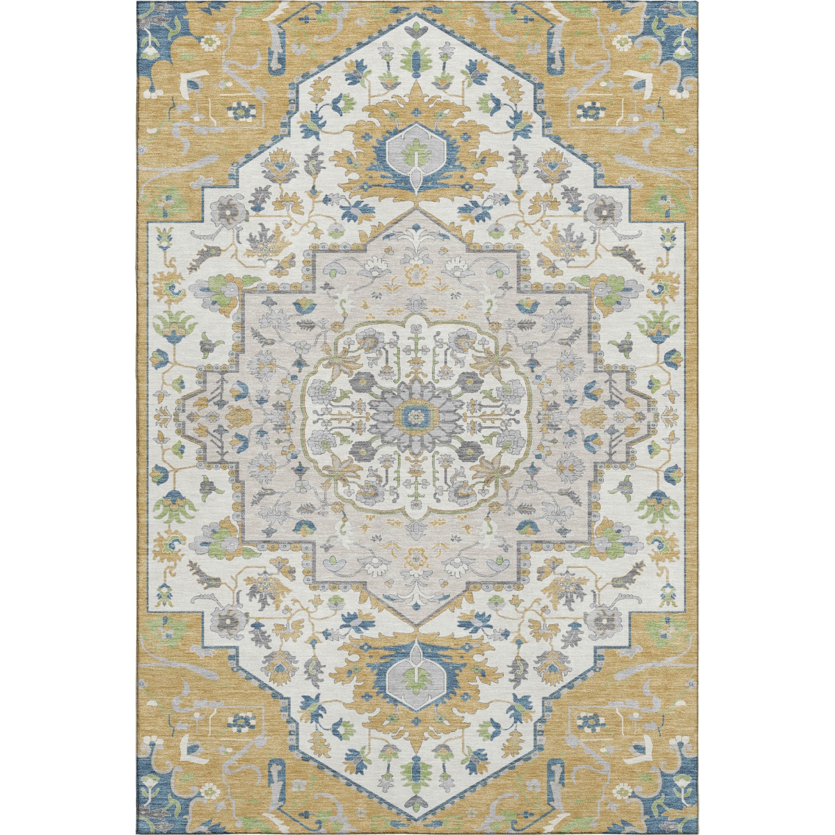 677761 5 x 8 ft. Gold Ivory & Blue Oriental Washable Machine Made Rectangle Area Rug with UV Protection