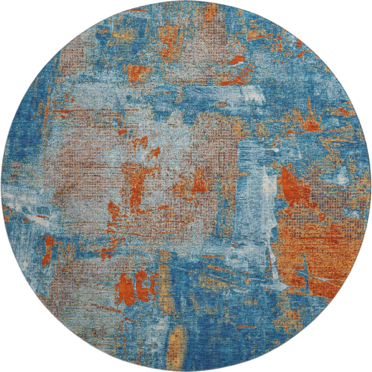 678014 8 ft. Navy Blue, Orange & Teal Abstract Washable Round Area Rug with UV Protection