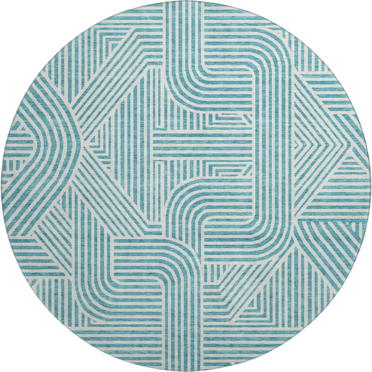 672938 8 ft. Teal & Ivory Abstract Geometric Transitional Washable Round Area Rug with UV Protection
