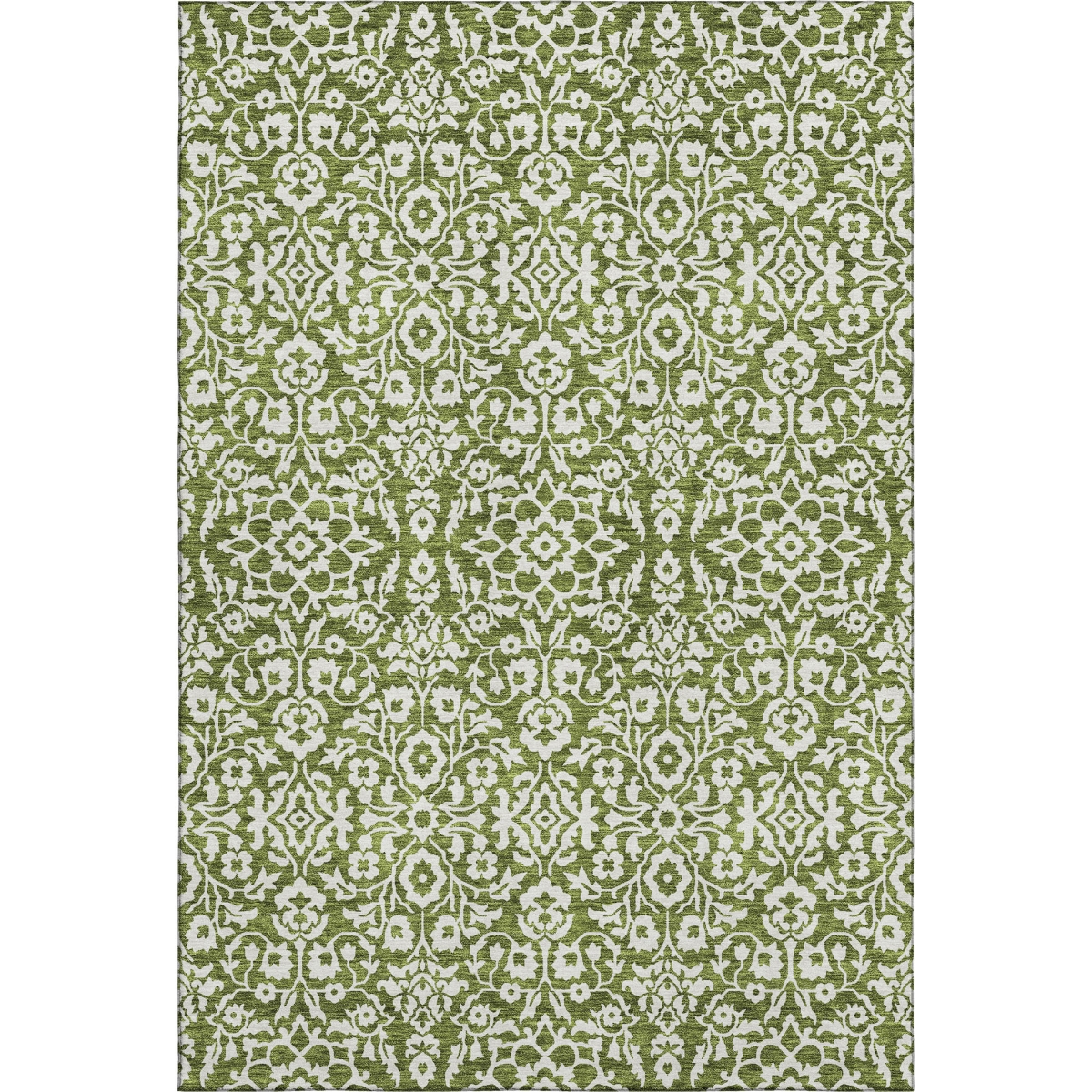 673155 8 x 10 ft. Olive Green & Ivory Damask Washable Machine Made Rectangle Area Rug with UV Protection