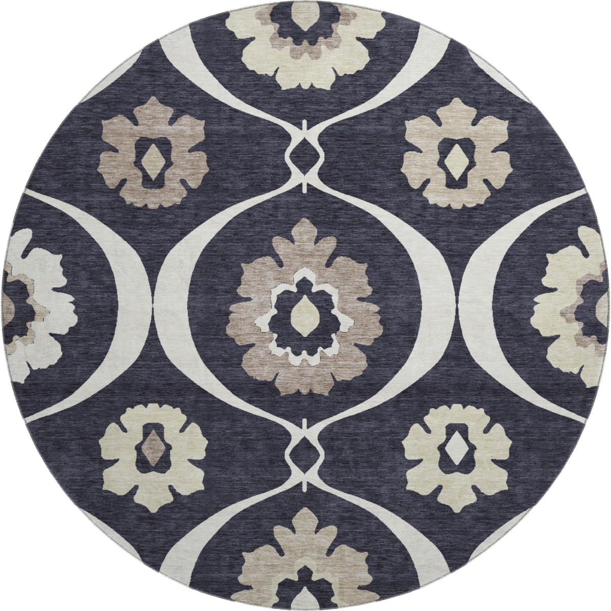 668032 8 ft. Black & Ivory Medallion Transitional Washable Round Area Rug with UV Protection