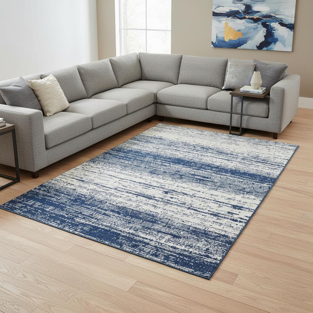 668162 9 x 12 ft. Navy Blue & Ivory Striped Transitional Washable Machine Made Rectangle Area Rug with UV Protection