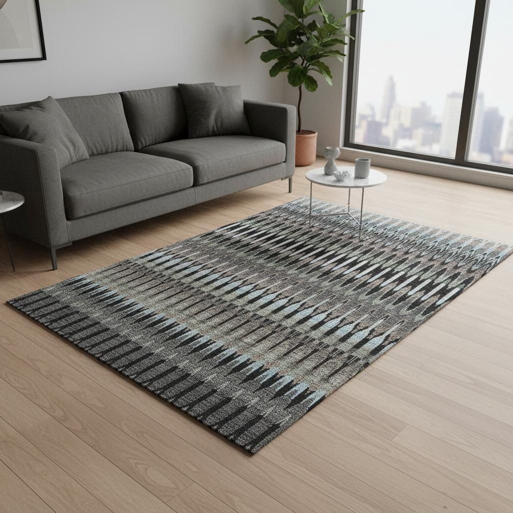 668213 5 x 8 ft. Black Gray & Blue Southwestern Washable Machine Made Rectangle Area Rug with UV Protection