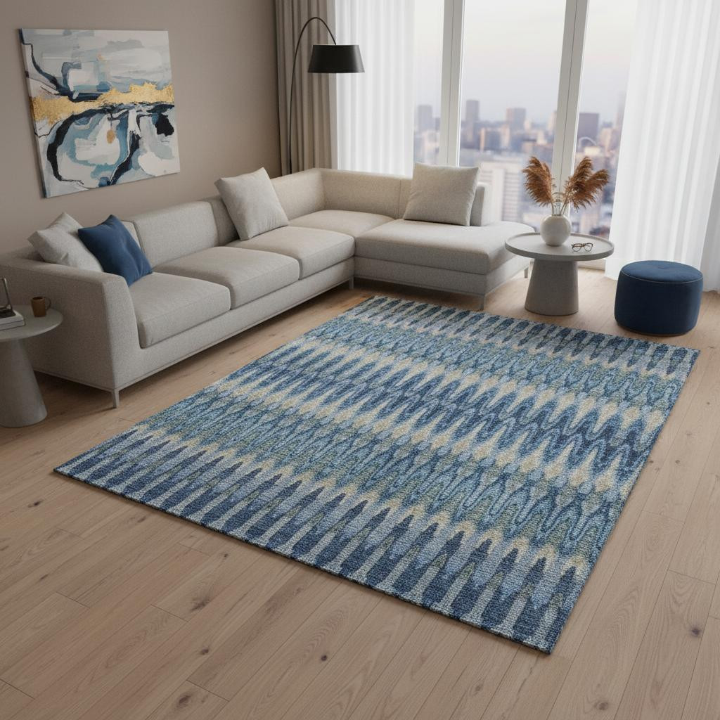 668235 10 x 14 ft. Denim Blue & Gray Southwestern Washable Machine Made Rectangle Area Rug with UV Protection