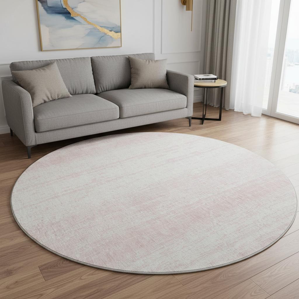 668352 8 ft. Pink & Ivory Striped Transitional Washable Round Area Rug with UV Protection