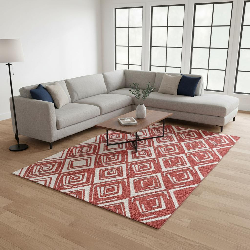 668445 10 x 14 ft. Red & Ivory Geometric Transitional Washable Machine Made Rectangle Area Rug with UV Protection