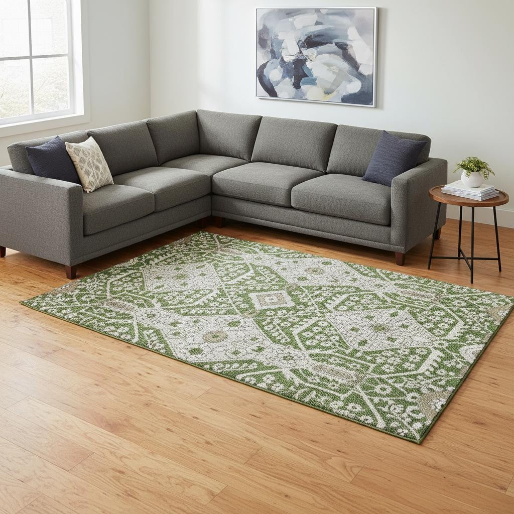 668520 9 x 12 ft. Green, Ivory & Gray Floral Washable Machine Made Rectangle Area Rug with UV Protection