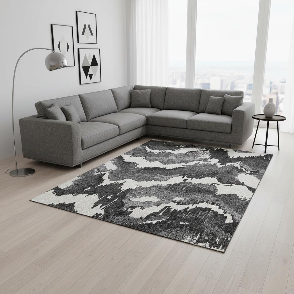 668627 10 x 14 ft. Black & Ivory Abstract Transitional Washable Machine Made Rectangle Area Rug with UV Protection